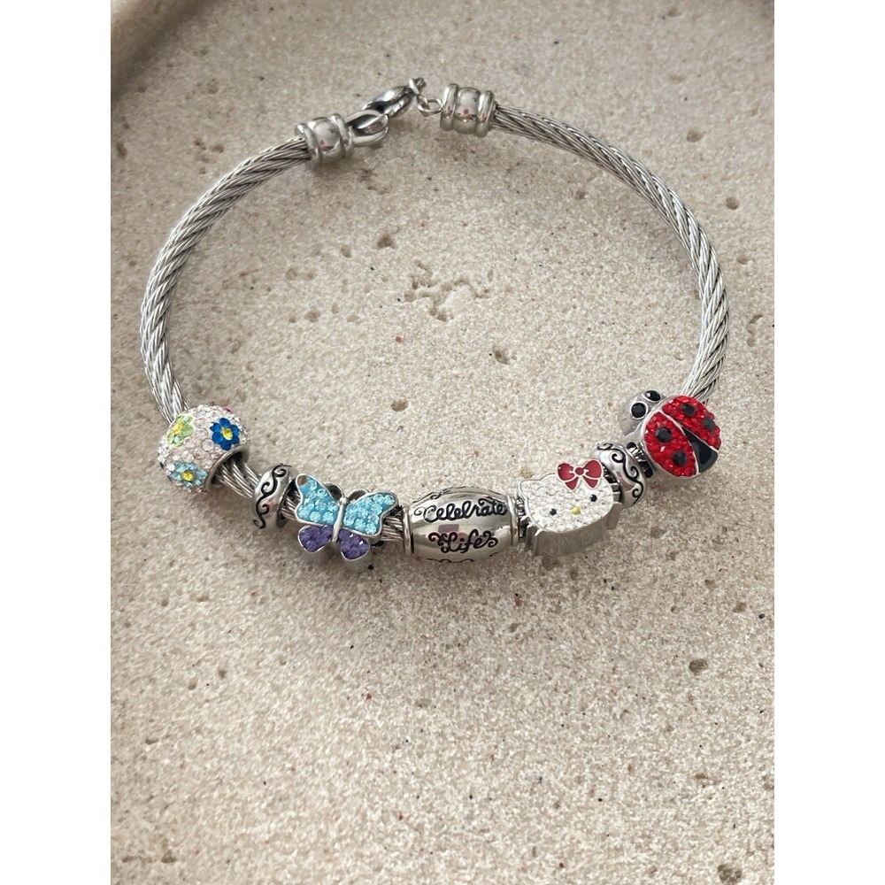 Silver Tone European Charm Bracelet Butterfly Ladybug Hello Kitty Celebrate Life